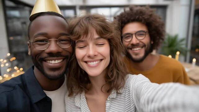 Capture the joy of a birthday celebration with a playful selfie in a whimsical party hat.