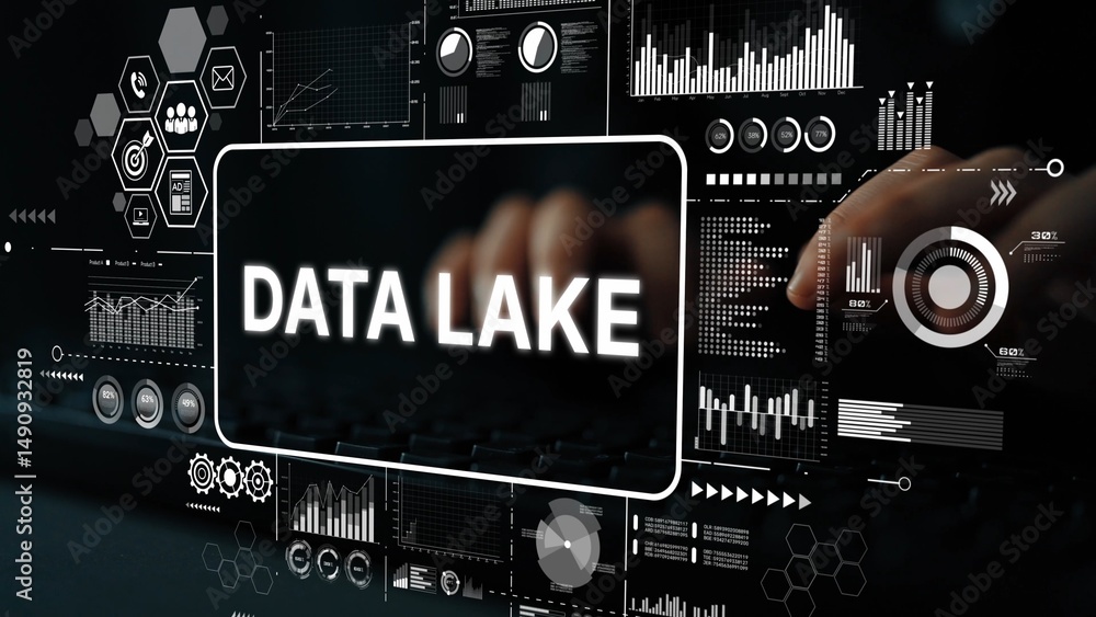 Poster Conceptual representation of a data lake with digital analytics and visualization elements on a dark background. Asymptotic smart data analytic.