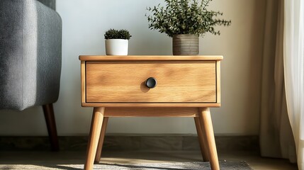 Wooden nightstand with plants in a modern interior setting.