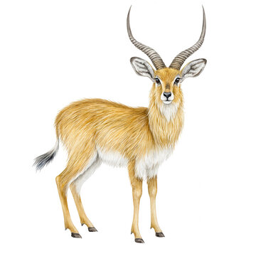 A detailed watercolor illustration of a male african reedbuck stands alert.