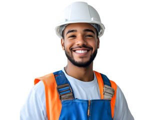 Smiling construction worker wearing a helmet, isolated on a transparent background