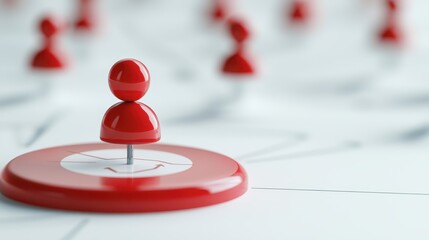 Red pin highlighted among scattered pins on white background, focus and emphasis
