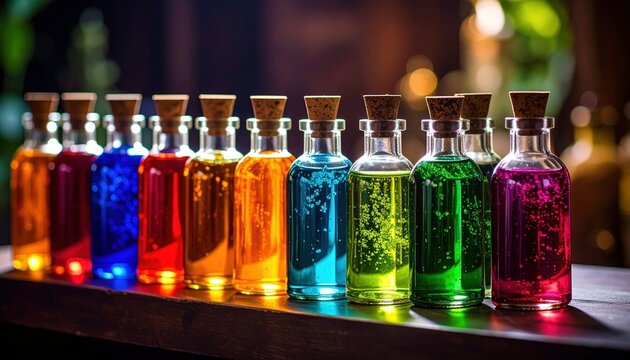 Colorful Bottles on Wooden Surface.