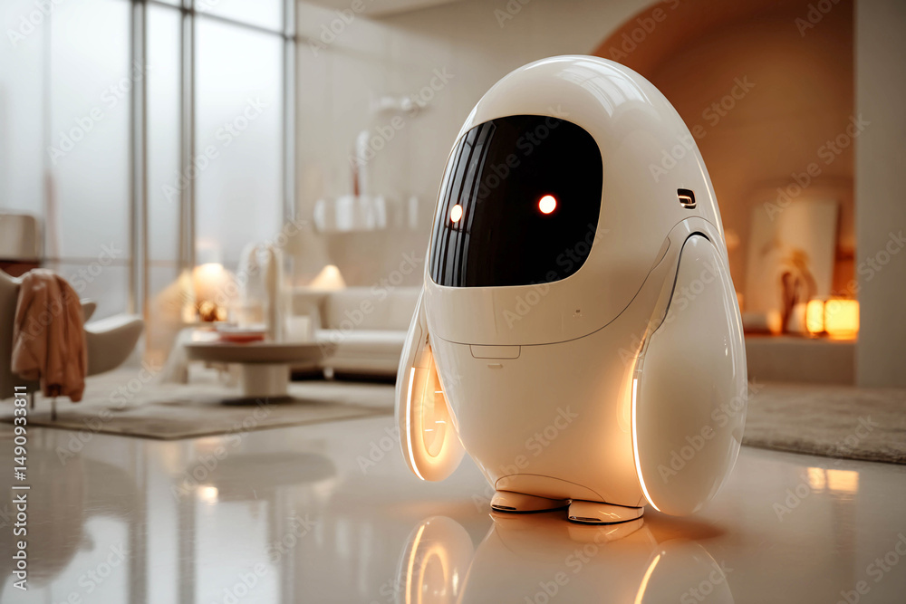 Poster futuristic robot in the interior. it has a streamlined shape, white color and luminous elements.