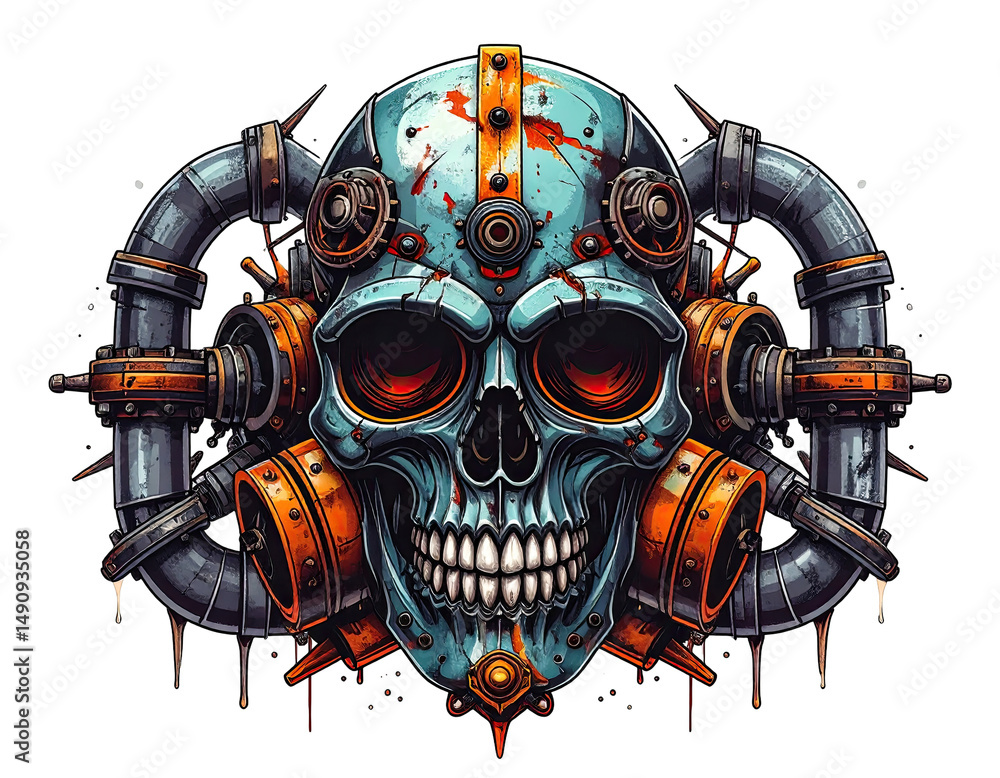 Poster pixelated artwork featuring a mechanical skull with a striking teal and orange color scheme intricat