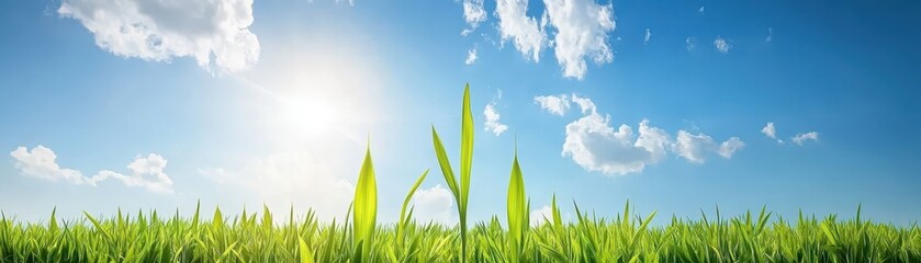 Obraz premium Vibrant blue sky meets lush green grass field, a scenic landscape of nature's beauty