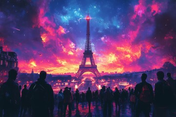 Beautiful sunset over the Eiffel Tower with a vibrant sky and crowd enjoying the view in Paris during the evening hours