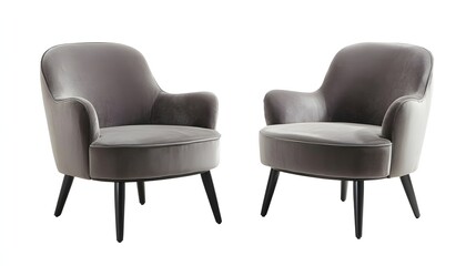 Two matching gray velvet armchairs with dark wood legs.