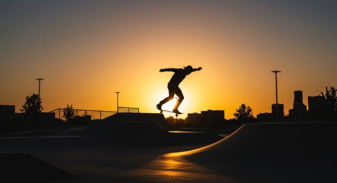 Silhouette of skateboarder jumping in skatepark at sunset, capturing the essence of freedom and urban youth culture