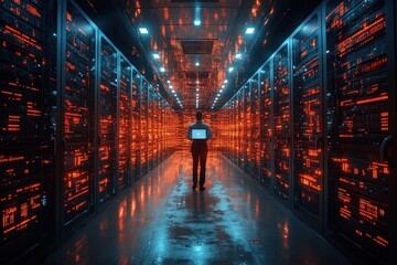 Expert technician works on a laptop surrounded by glowing server racks in a data center at night