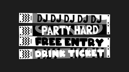 Cartoon-style party wristband mockups featuring fun messages like “party hard,” “free entry,” “weekend vibes,” and “drink pass.” Perfect for festivals, club events, holidays, and DJ nights