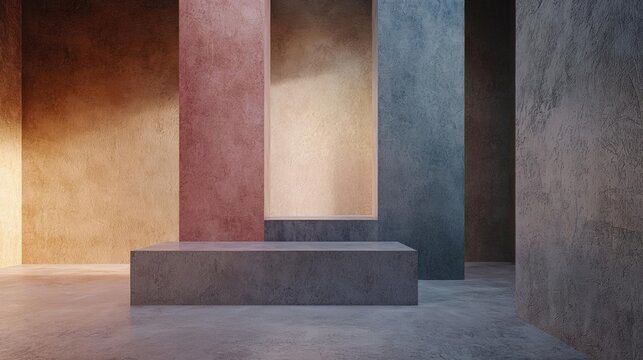 Empty room with three columns of different colors - orange, pink, and blue. the walls are made of concrete and the floor is made of light-colored tiles.