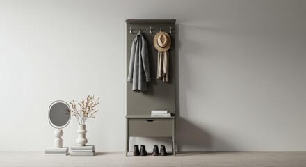 Elegant entryway hall tree with minimalist decor and neutral tones