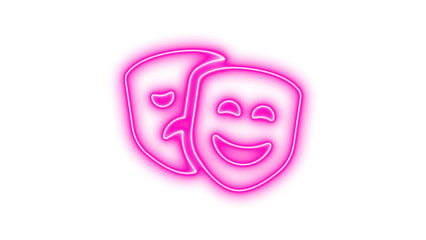 Neon comedy and tragedy masks symbolizing theater and drama, Neon masks theater icon glow with transparent background