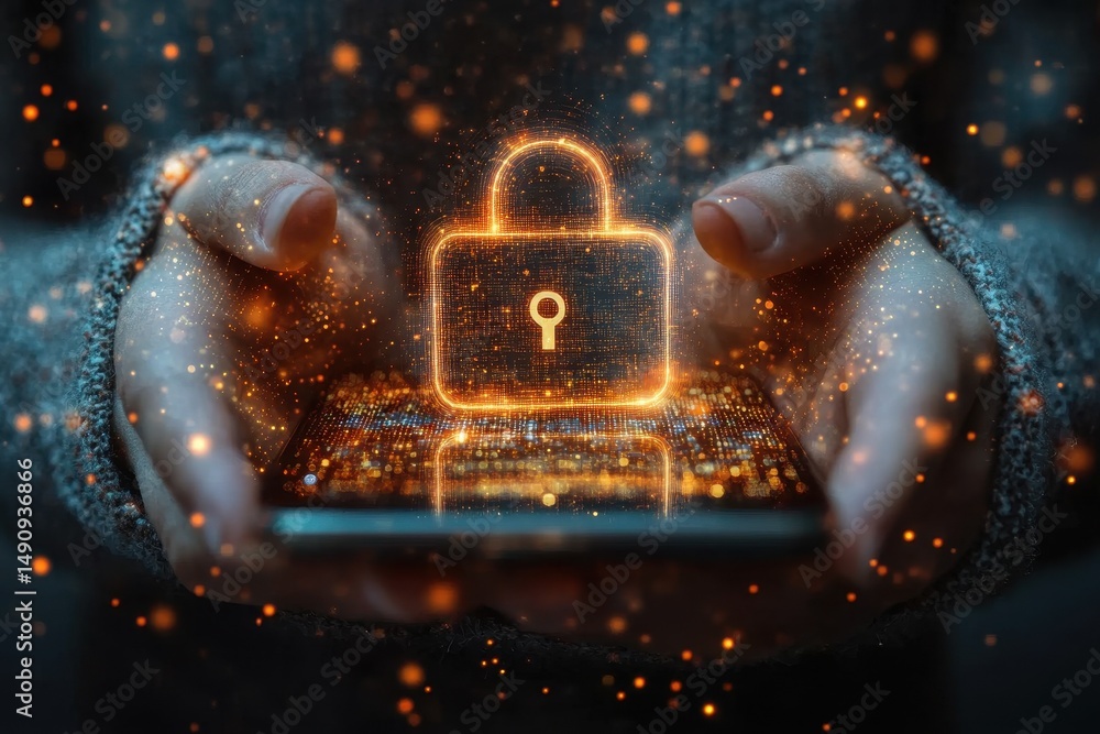 Poster digital security concept with glowing lock symbol above smartphone screen held by hands in a dark se