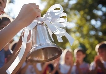 The school holiday is the last bell.
A girl with a joyful smile holds a silver bell with white ribbons against the background of applauding schoolchildren. happiness and farewell to the school year.