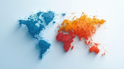 Global network visualization, interconnected world map with blue and orange data flow