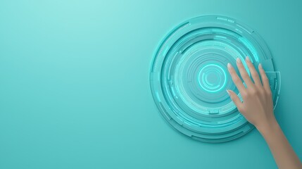 Hand pressing button on vibrant blue background, a symbol of digital interaction and control