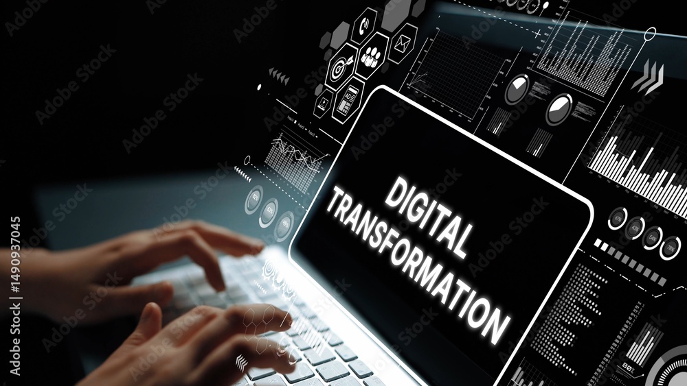 Poster innovative laptop concept displaying digital transformation with data visualizations and technology 
