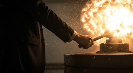 Dramatic detonation scene with a man striking a device causing explosion