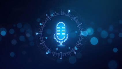 Minimalist Blue Digital Microphone Icon with Futuristic Circular Connection Design on a Dark Background