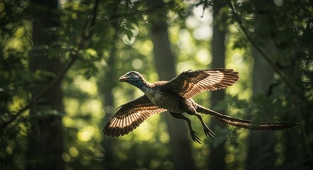 Enigmatic archaeopteryx soars through lush green forest canopy in vibrant display
