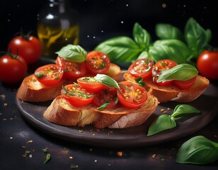 tomato and basil bruschetta vegetarian meal on dark background generative ai
