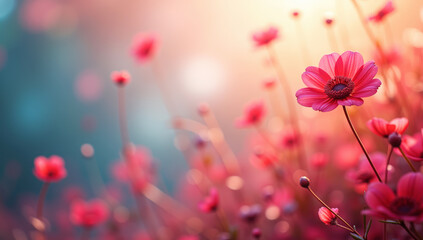 Close-Up of Pink Cosmos Flowers Blooming in Sunlight with a Soft Bokeh Background