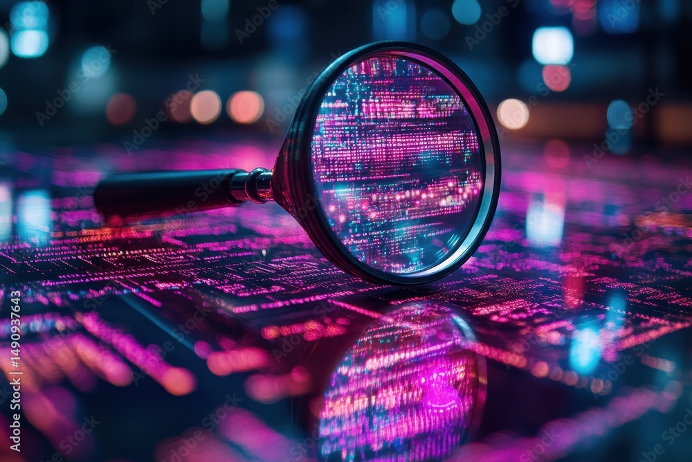 Poster magnifying glass resting on a vibrant digital circuit background illuminated by colorful lights at n