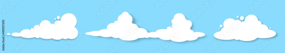 Aufkleber a set of three fluffy white clouds with a shadow on a blue background. design elements for weather f