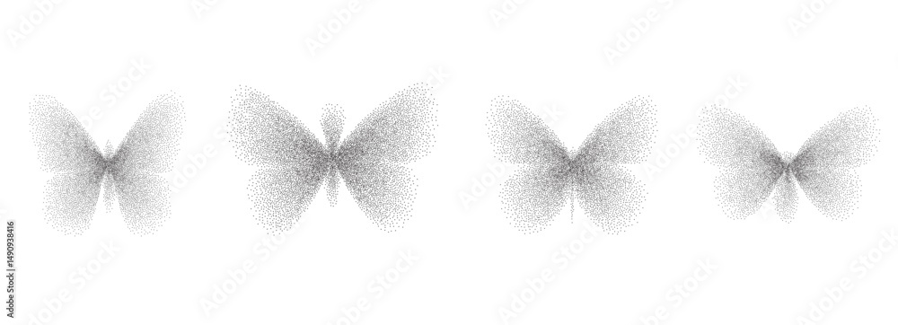 Poster butterfly grain noise gradient figures shape. y2k retro stippling insect forms set. halftone icons i