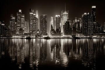 Obraz premium Monochrome Manhattan skyline reflected on rippled water at night showcasing tall towers