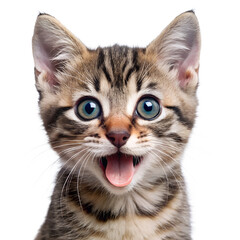 Fototapeta premium A happy tabby kitten with wide eyes and its tongue slightly out looks directly at the viewer