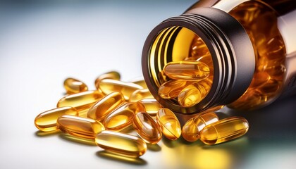 bottle of omega 3 pills with capsules spilled around