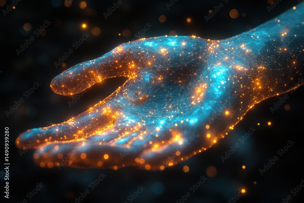 Poster glowing hand with a network of luminescent particles against a dark backdrop, representing technolog