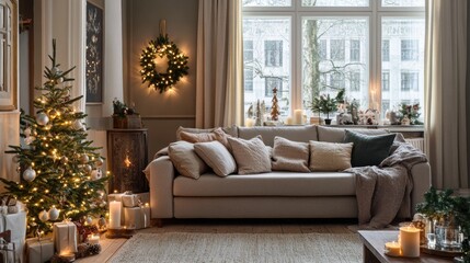 Festive Christmas Tree and Holiday Decorations in Cozy Home Living Room Interior