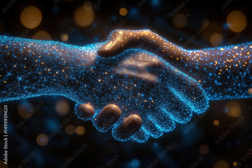Poster hands connect through a digital handshake representing collaboration in technology and innovation