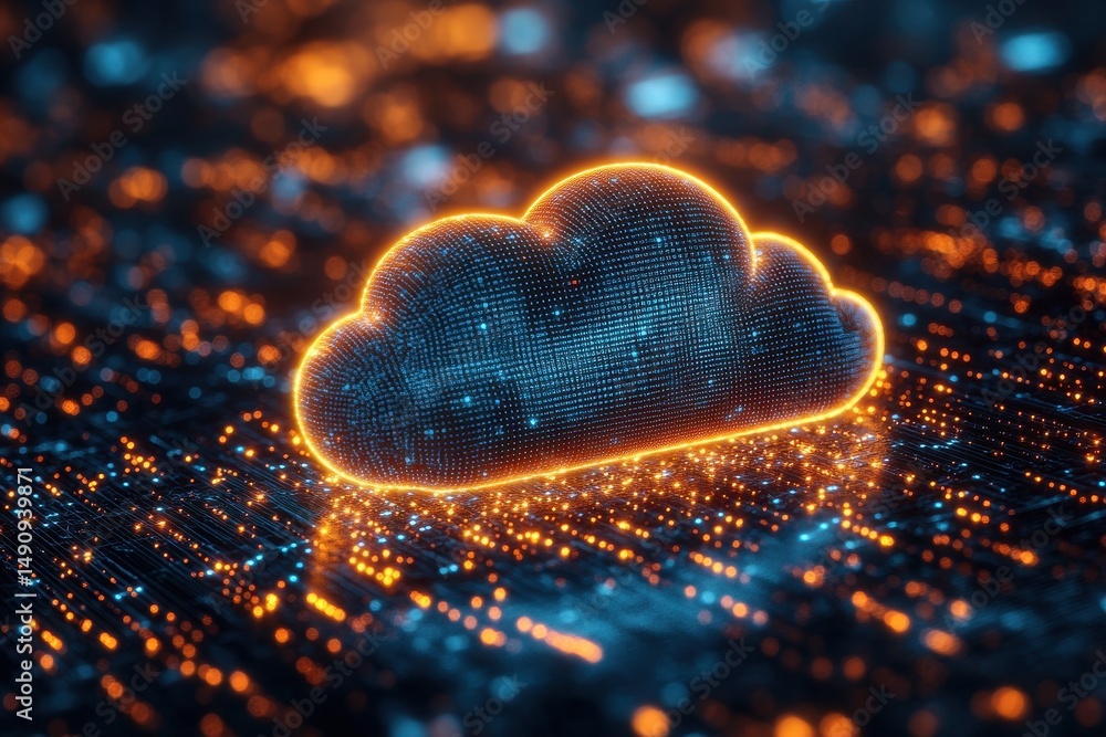 Poster digital cloud symbol surrounded by glowing data streams at night in a futuristic environment
