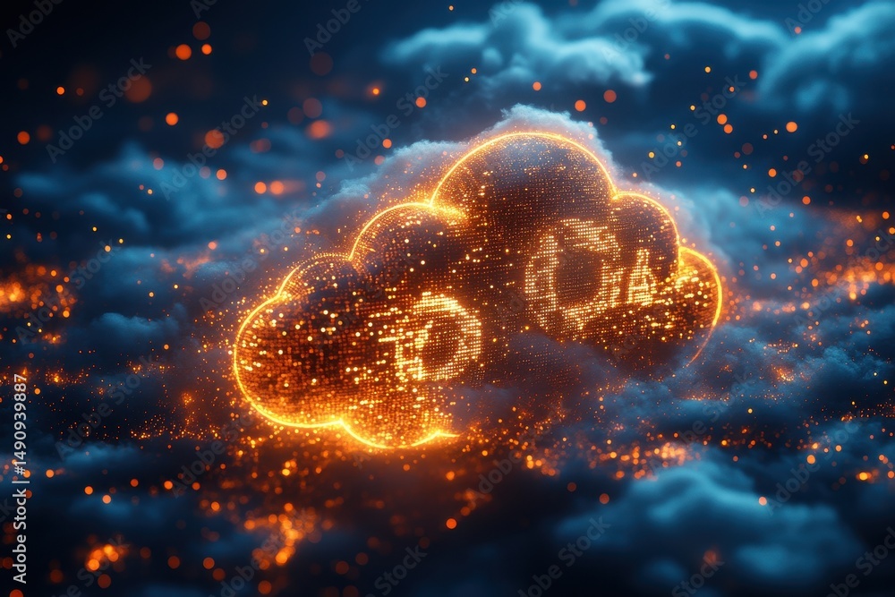 Poster digital cloud illuminated by glowing particles creating a captivating visual effect