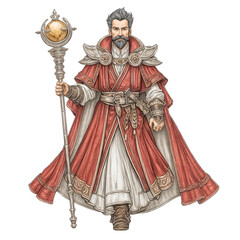 A powerful sorcerer with staff clad in red robes confidently strides forward