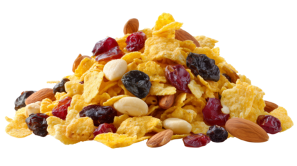 Delicious cereal pile with mixed textures of corn flakes, dried fruits, and nuts isolated on transparent background