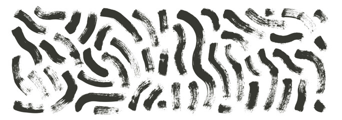 Dry flat brush stroke lines. Hand drawn black ink vector long shapes. Paintbrush dye linear scribble elements set isolated on white background. Marker thick grunge curved stripes.
