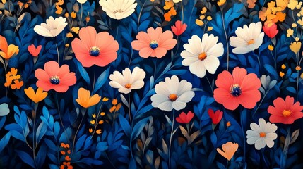 Obraz premium Colorful floral design with vibrant blossoms and dark leaves.
