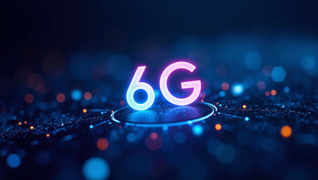 Futuristic High-Speed 6G Wireless Network Technology with Neon Pink and Blue Glow on a Dark Background