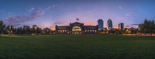 Nashville cityscape at twilight features Riverfront Park, buildings, and skyline