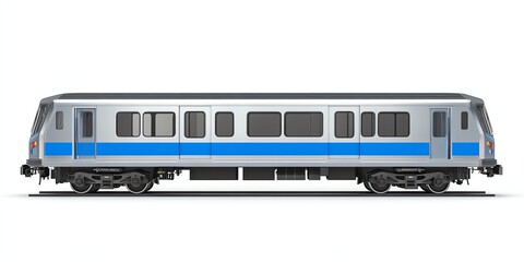 A modern subway train design, side view, minimalistic style, silver and blue color scheme, isolated on white background