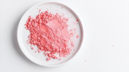 Round white plate with a pile of pink powder on it. the powder appears to be loose and has a crumbled texture. the plate is placed on a plain white background.