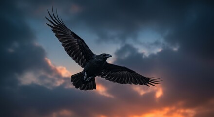 Obraz premium Majestic raven soars against the dramatic sky at sunset spreading its wings