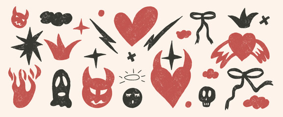 Coquette breaking heart doodles set. Devil and angels crayon drawn background. Scribble grunge elements. Fire, bows, crown and grunge punk shapes. Vector illustration by pencil on beige background.
