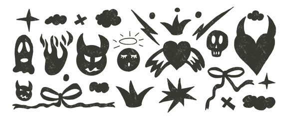 Rock and roll girly lovestory marker drawn set. Punk charcoal heart with devil and angel doodles. Scribble grunge elements. Heart, bows and sketchy graffiti art. Vector sketch charcoal illustration.